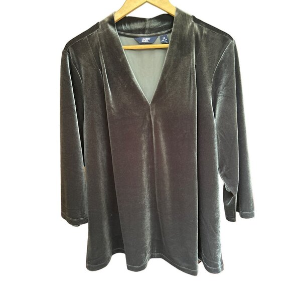 Lands End Gray Black Velvet V Neck Pull Over Blouse Comfortable Relaxed 2X - Picture 3 of 7